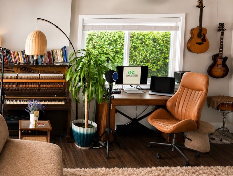The Oasis: piano, guitars on the wall and plants by the window